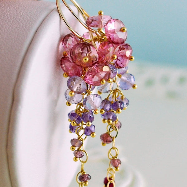 Pink Topaz Cluster Earrings with Amethysts and Rubies - Trailing Rose