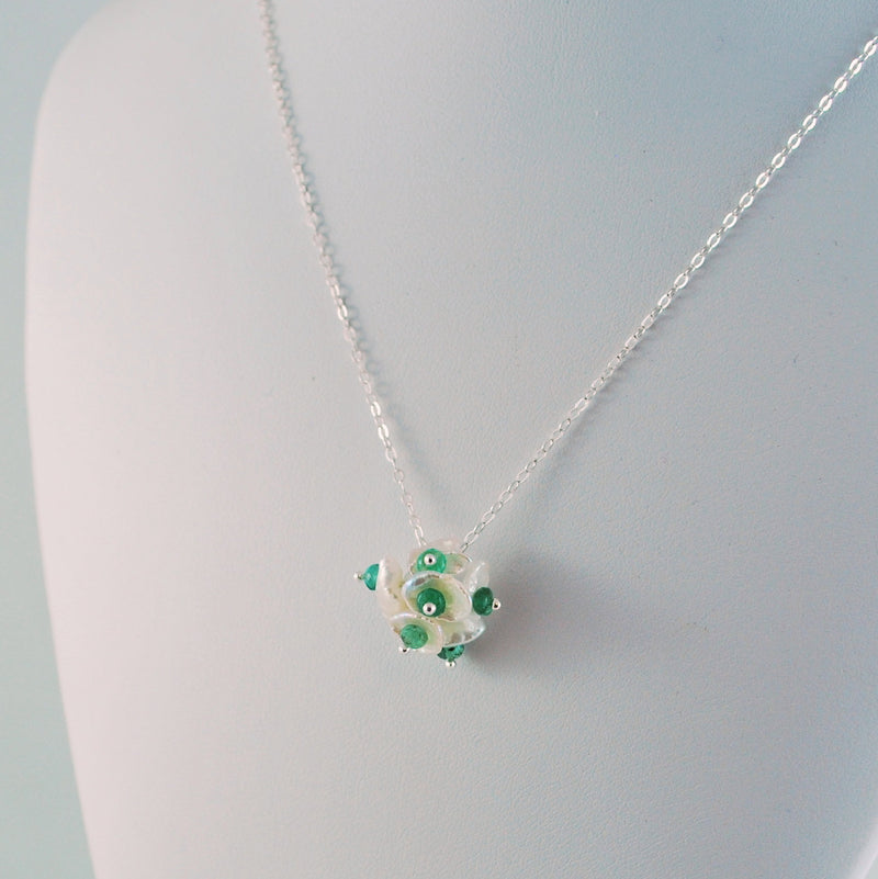 Real Emerald Necklace with Pearl Flower Blossom