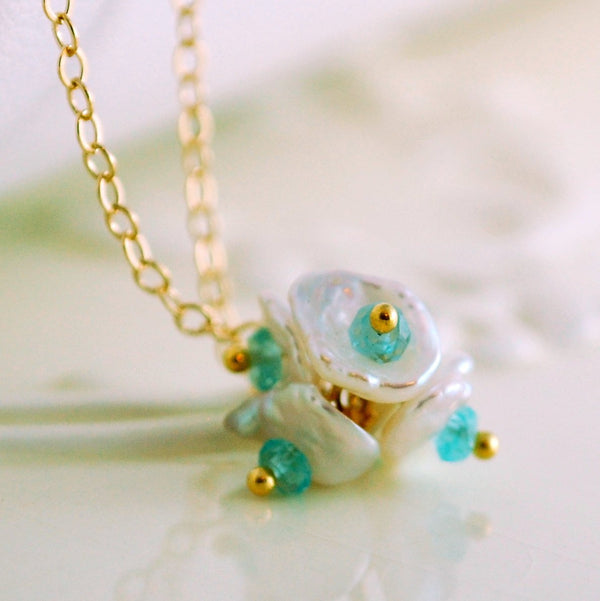 White Keishi Keshi Pearl Necklace, Bright Aqua Blue, Apatite Gemstone