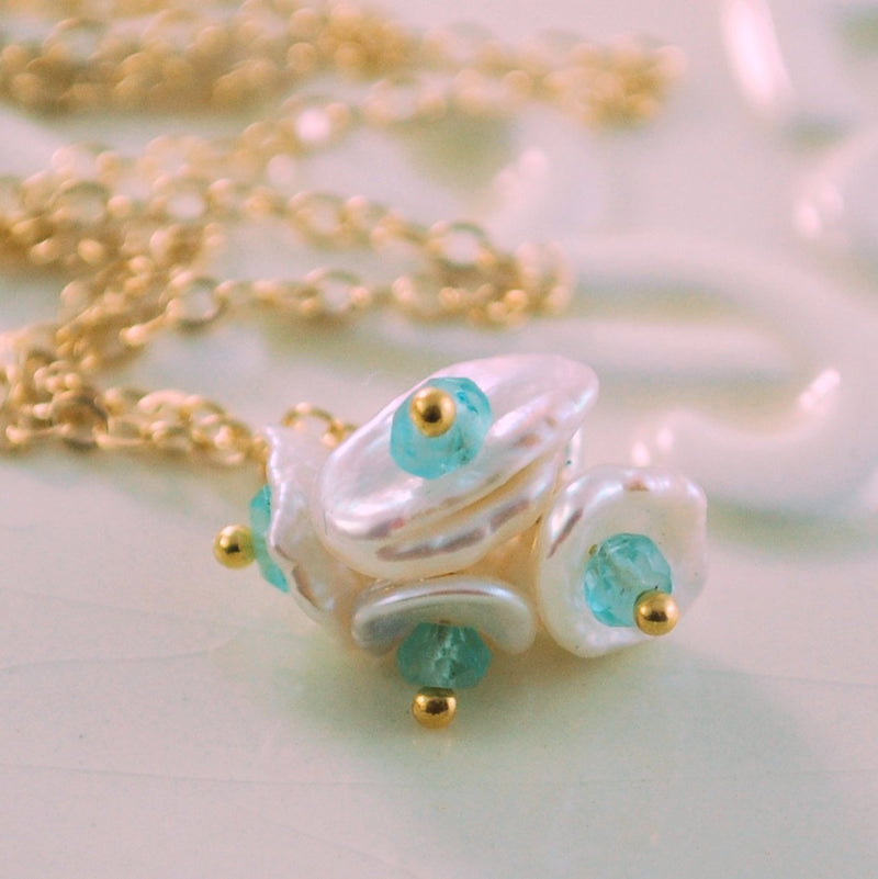 White Keishi Keshi Pearl Necklace, Bright Aqua Blue, Apatite Gemstone