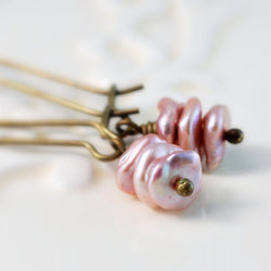 Antiqued Brass, Soft Rose Pink, and Genuine Freshwater Keishi Pearl