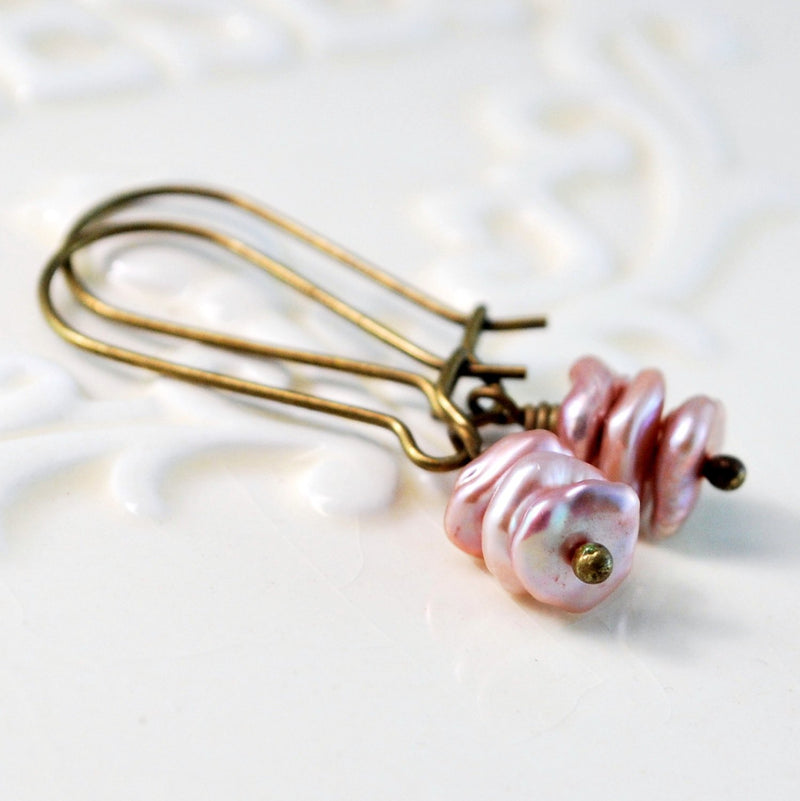 Antiqued Brass, Soft Rose Pink, and Genuine Freshwater Keishi Pearl