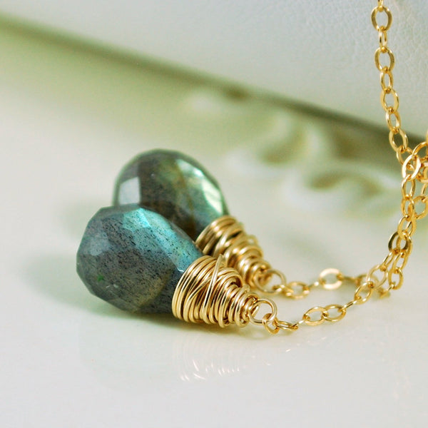 Labradorite Lariat Necklace with Genuine Gemstone Teardrops