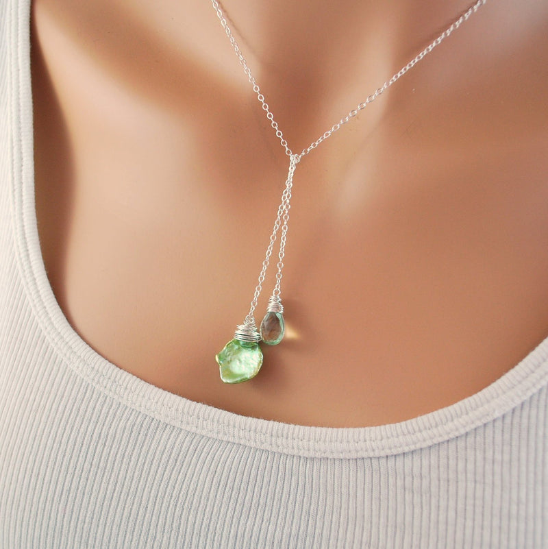 Minimalist Gemstone Lariat, Green Amethyst and Keishi Pearl
