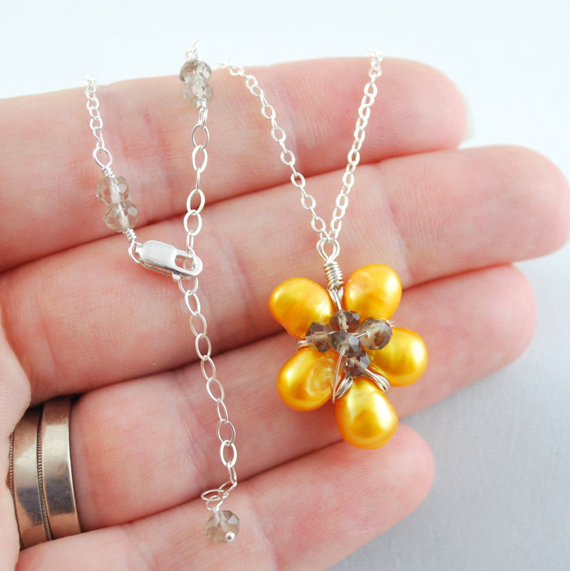 Sunflower Necklace with Yellow Freshwater Pearls