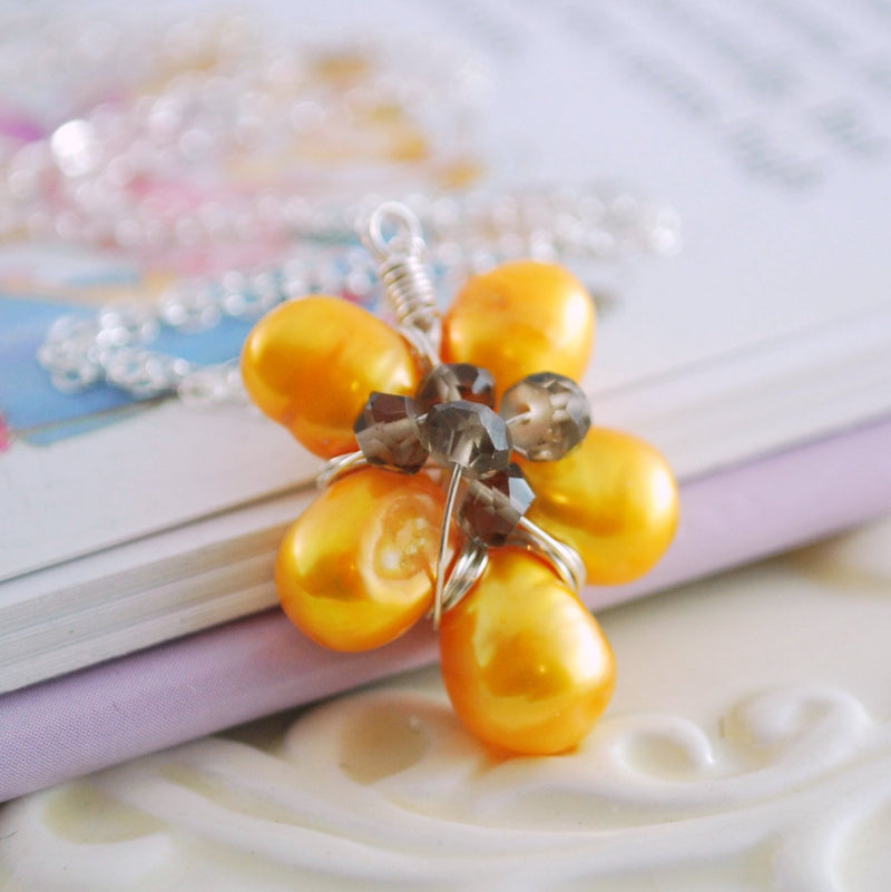 Sunflower Necklace with Yellow Freshwater Pearls