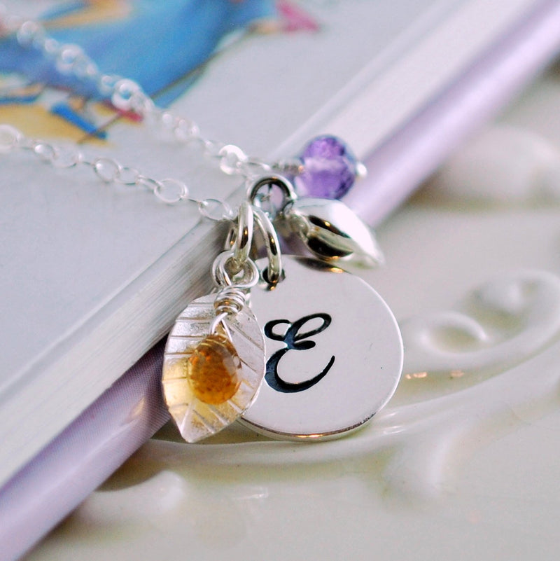 Engraved Initial Necklace in Sterling Silver with Birthstones