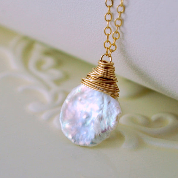 White Keishi Pearl Necklace, Wire Wrapped