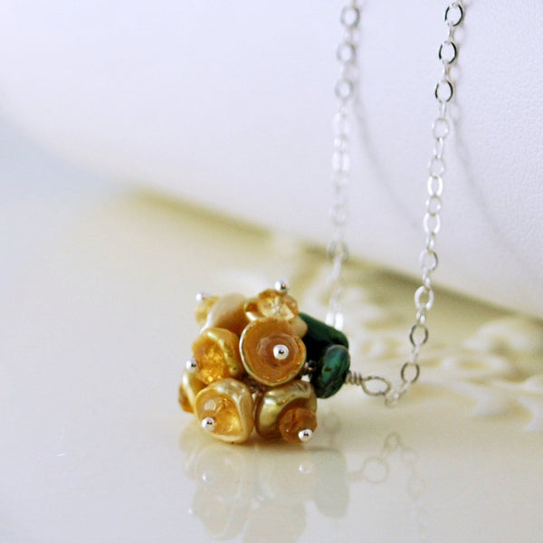 Gold Flower Blossom Necklace with Citrine Gemstones