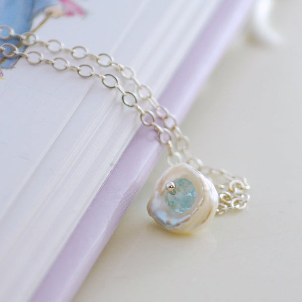 Dainty Pearl and Blue Topaz Necklace for Child