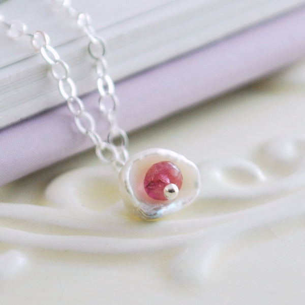 Dainty White Pearl and Pink Tourmaline Necklace