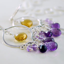 Chandelier Earrings with Purple Amethyst, and Caramel Beer Quartz