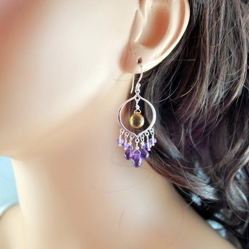 Chandelier Earrings with Purple Amethyst, and Caramel Beer Quartz