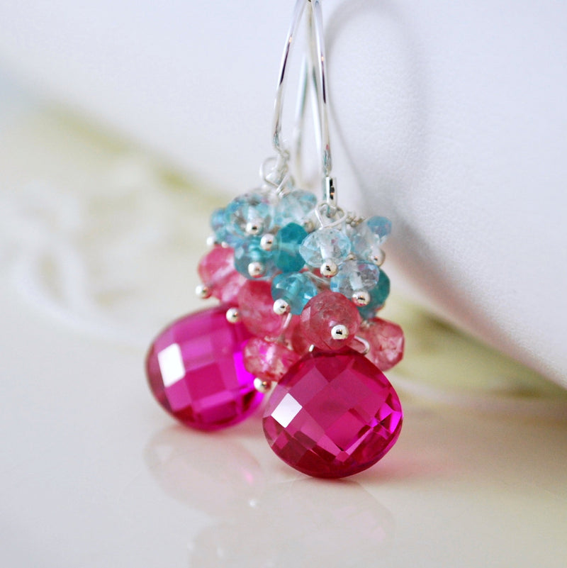 Hot Pink Earrings with Aqua Gemstones - Summer Bouquet