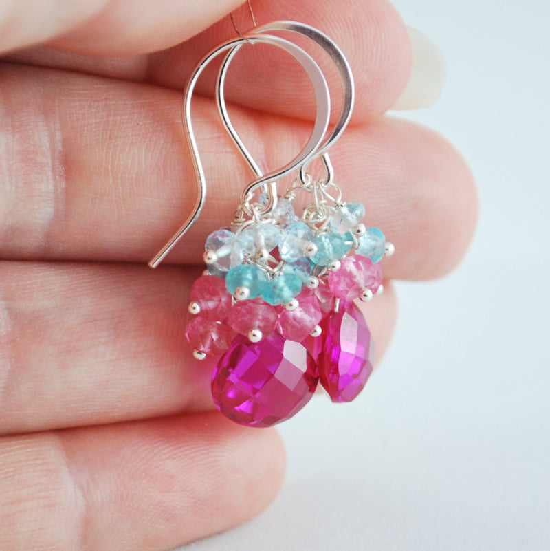 Hot Pink Earrings with Aqua Gemstones - Summer Bouquet