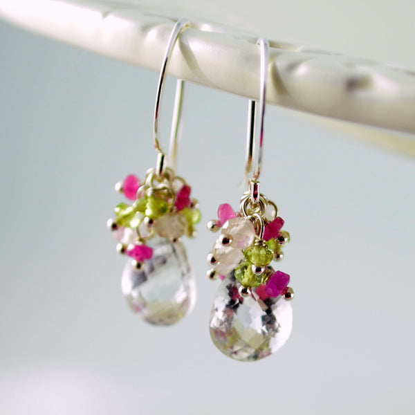 Spring Bridal Earrings with Crystal Quartz Peridot and Pink Sapphire - Spring Thaw