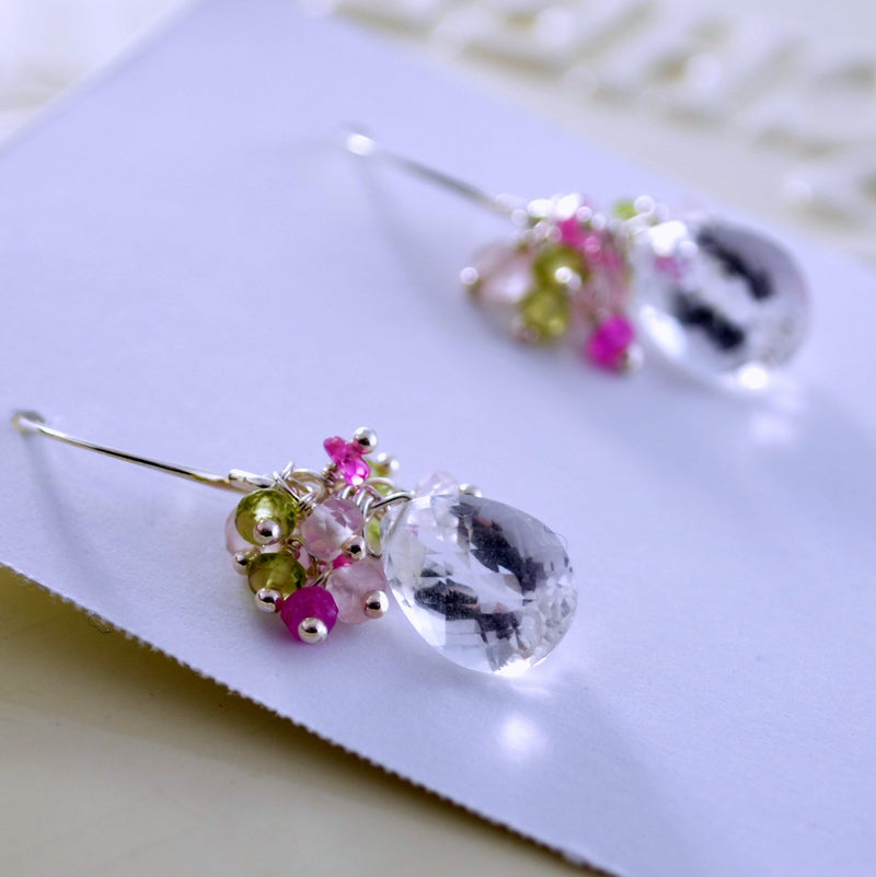 Spring Bridal Earrings with Crystal Quartz Peridot and Pink Sapphire - Spring Thaw