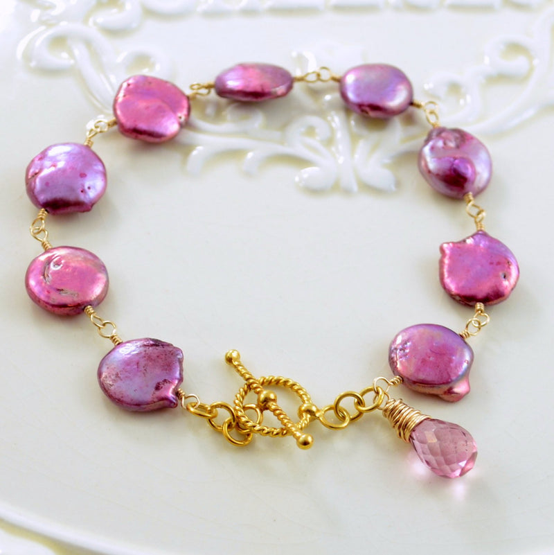 Real Coin Pearl Bracelet with Orchid Pink Freshwater Pearls