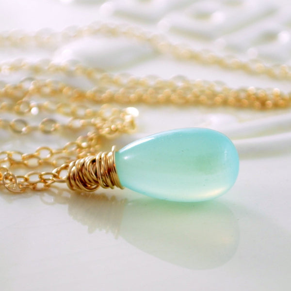 Aqua Chalcedony Necklace with Gemstone Teardrop Pendant