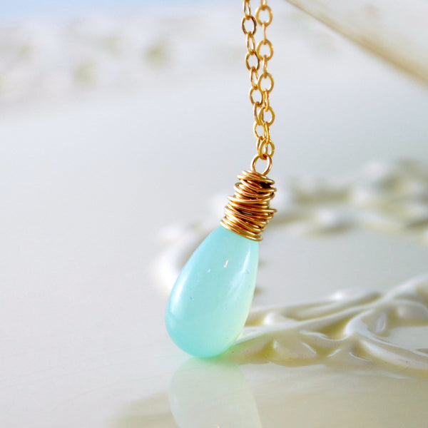 Aqua Chalcedony Necklace with Gemstone Teardrop Pendant