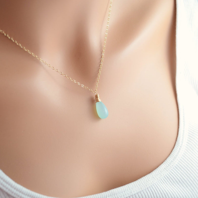 Aqua Chalcedony Necklace with Gemstone Teardrop Pendant