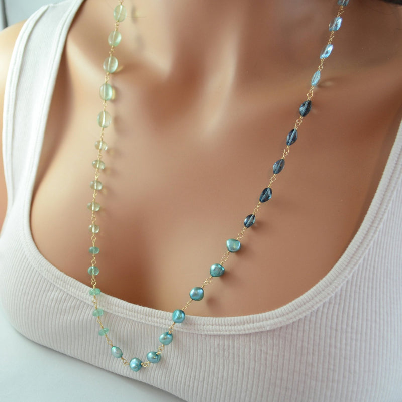 Long Ombre Necklace with Blues and Greens - Changing Ocean