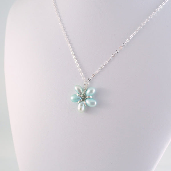 Light Blue Pearl Flower Pendant Necklace