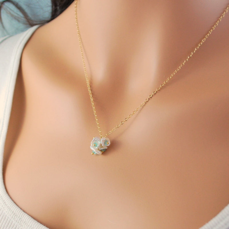 White Keishi Keshi Pearl Necklace, Bright Aqua Blue, Apatite Gemstone