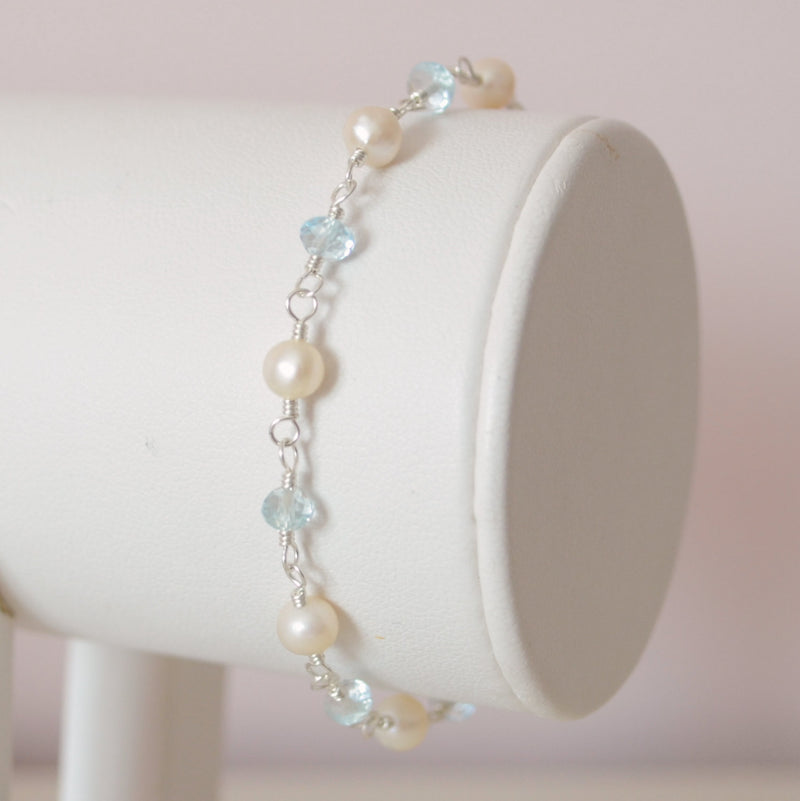 Real Blue Topaz and White Pearl Bracelet