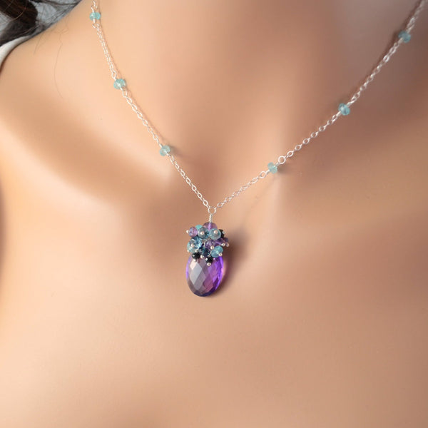 Amethyst Gemstone Necklace with Apatite and Spinel - Purple Peacock