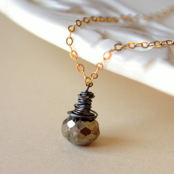 Simple Pyrite Necklace, Burnished Gemstone