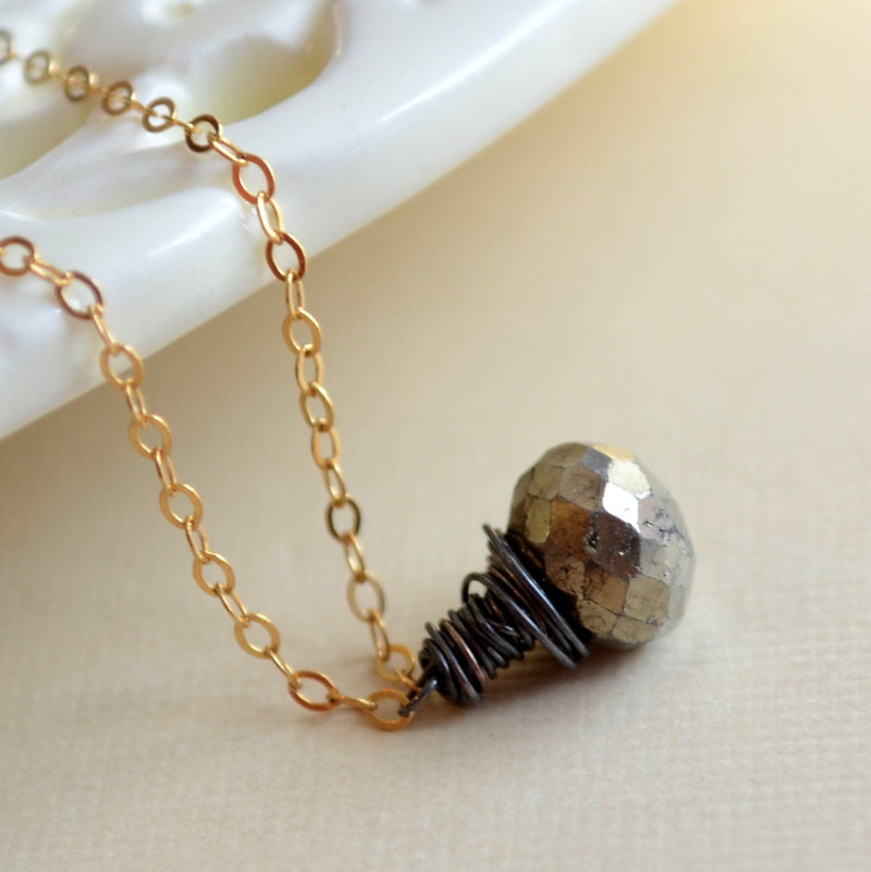 Simple Pyrite Necklace, Burnished Gemstone