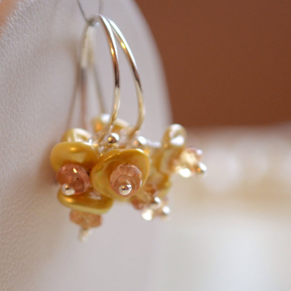 Flower Blossom Earrings, Keishi Pearl and Golden Yellow Sapphire