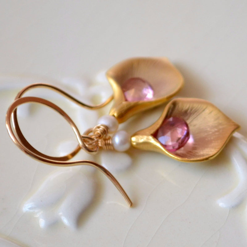 Calla Lily Earrings with Pink Topaz Gemstone