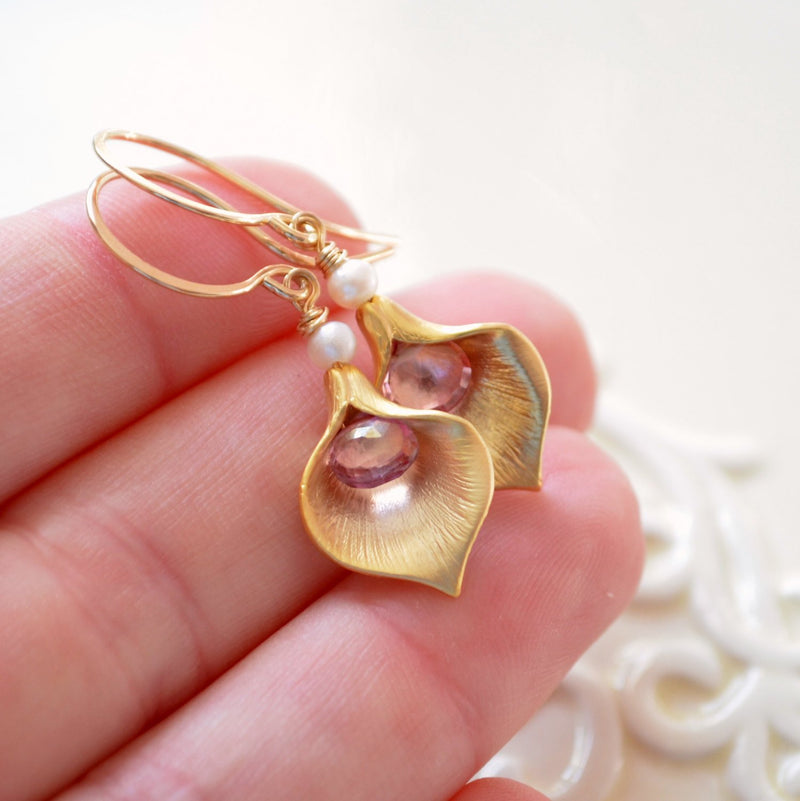 Calla Lily Earrings with Pink Topaz Gemstone