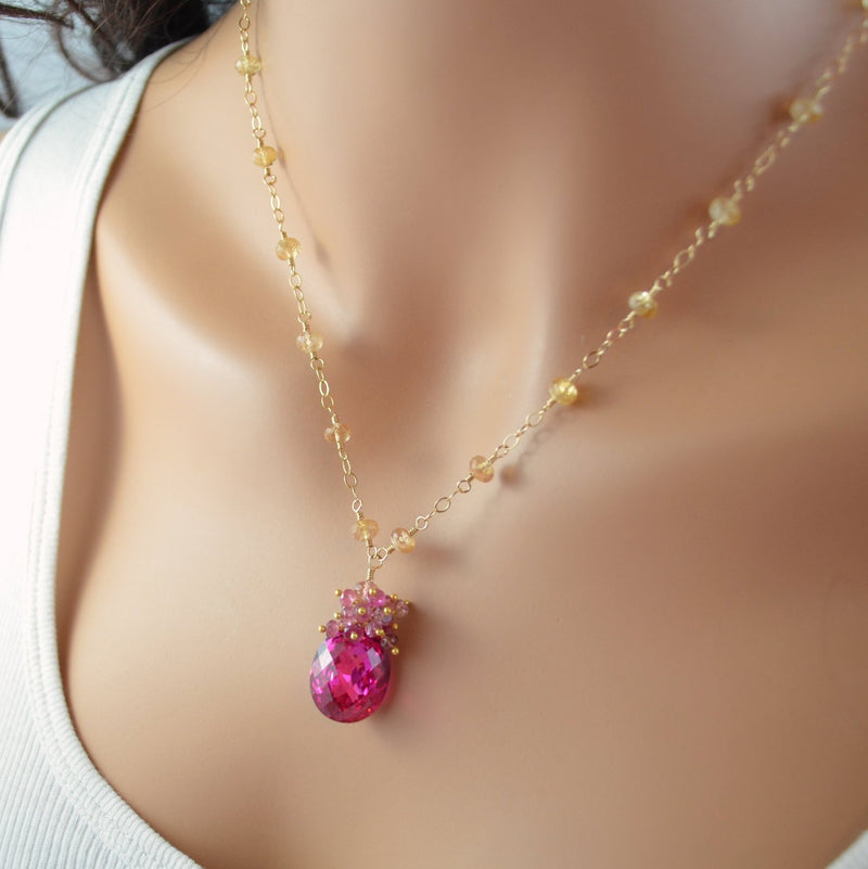 Luxe Hot Pink Gemstone Necklace with Imperial Topaz - Pink Sunset
