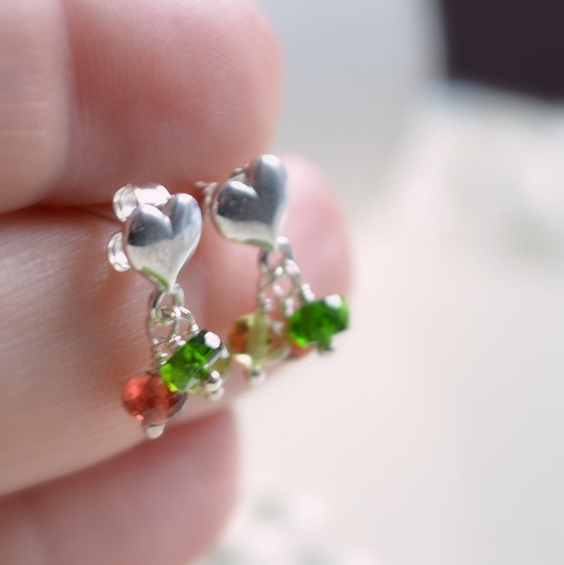 Christmas Earrings, Child's Jewelry, Garnet Peridot Chrome Diopside, Natural Gemstone, Sterling Silver Heart Ear Posts, Holiday
