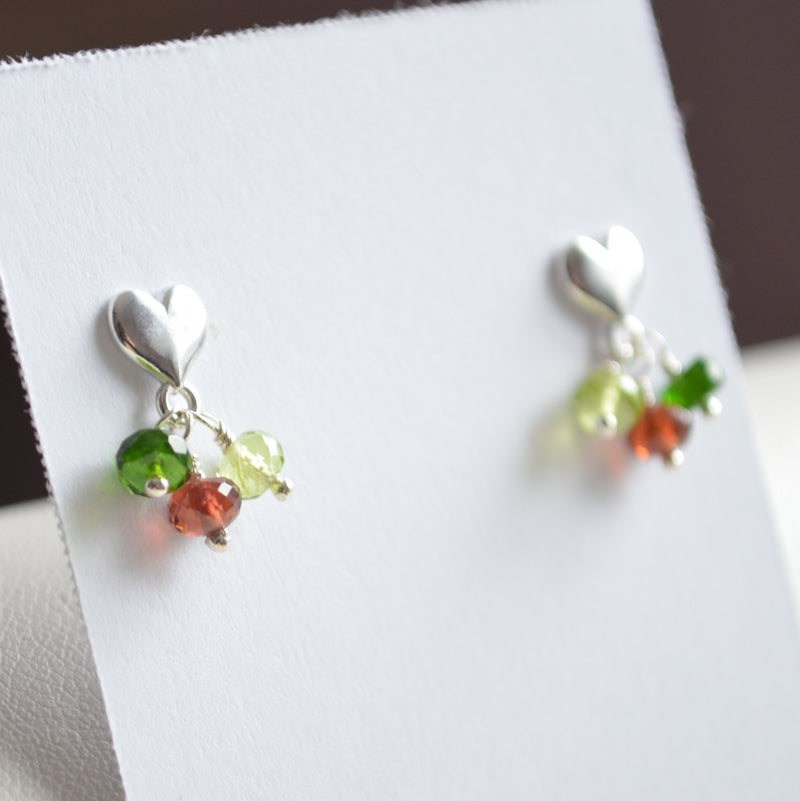 Christmas Earrings, Child's Jewelry, Garnet Peridot Chrome Diopside, Natural Gemstone, Sterling Silver Heart Ear Posts, Holiday