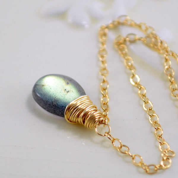 Simple Labradorite Necklace, Smooth Gemstone Pendant