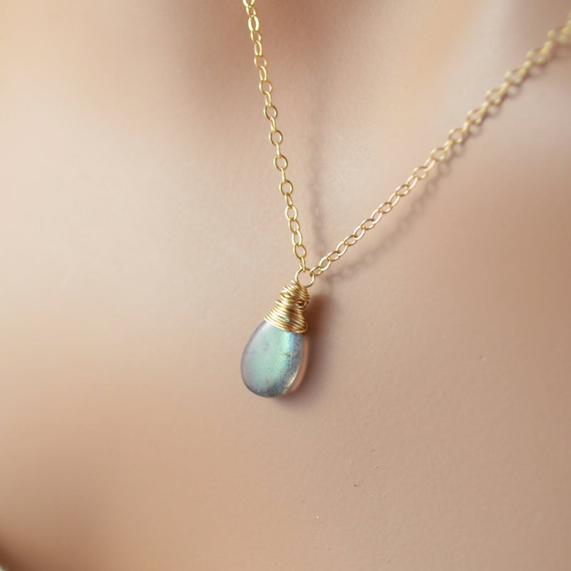 Simple Labradorite Necklace, Smooth Gemstone Pendant