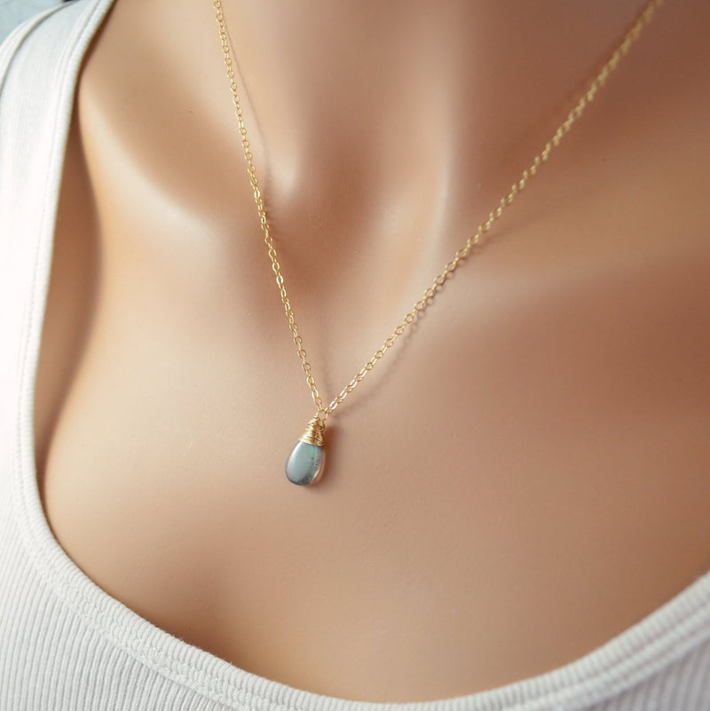 Simple Labradorite Necklace, Smooth Gemstone Pendant