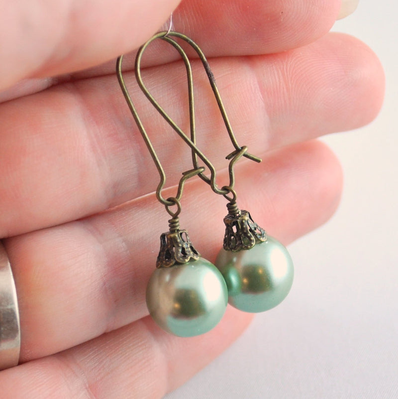 Christmas Earrings with Mint Green Glass Pearl