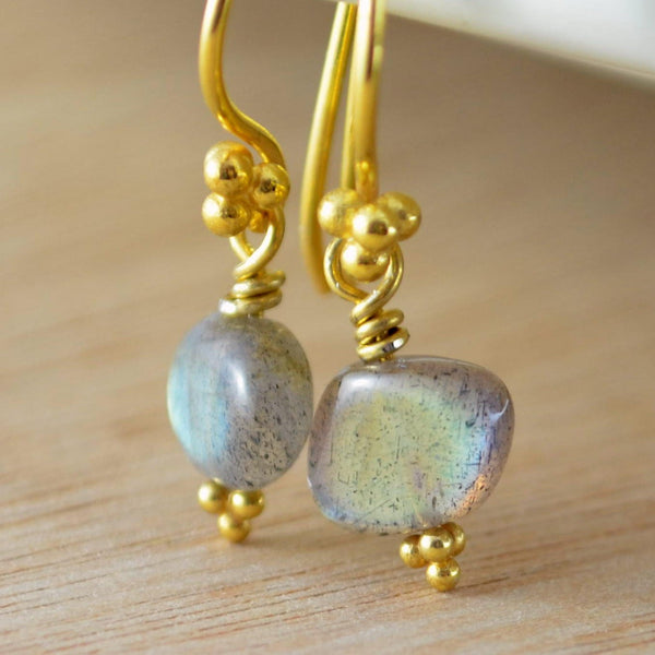 Labradorite Jewelry, Gold Vermeil Drop Earrings with Smooth Gemstone Pebbles