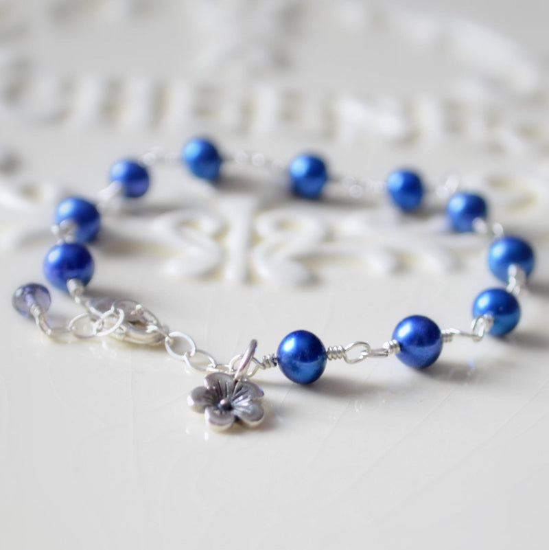 Royal Blue Pearl Flower Girl Bracelet