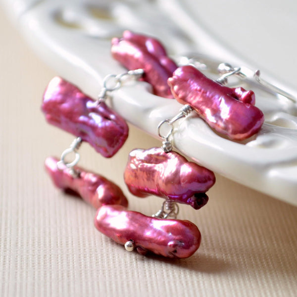 Magenta Earrings with Biwa Pearl Trio