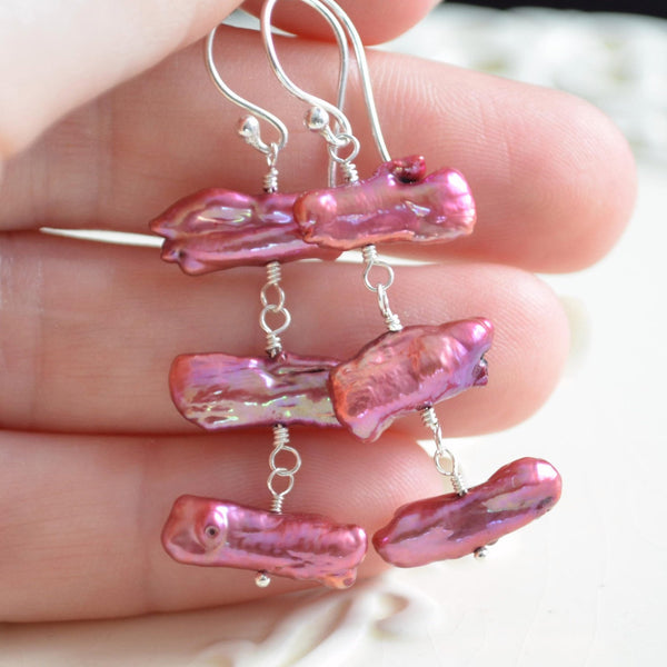 Magenta Earrings with Biwa Pearl Trio