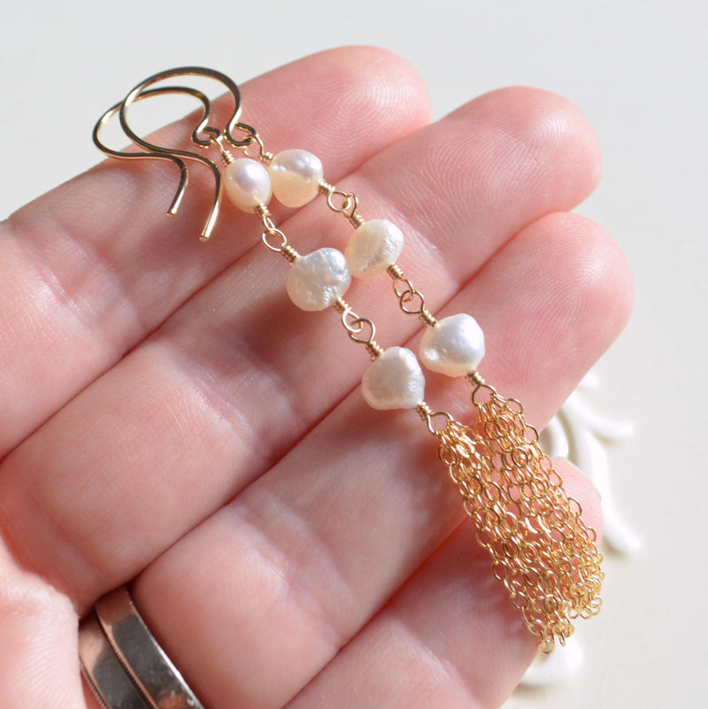 Pearl and Gold Tassel Earrings - Boho