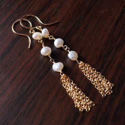 Pearl and Gold Tassel Earrings - Boho