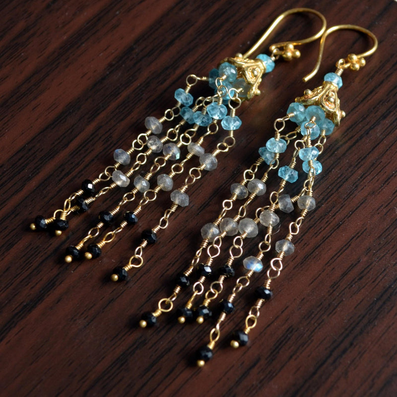 Tassel Earrings, Apatite Labradorite Black Spinel Stones