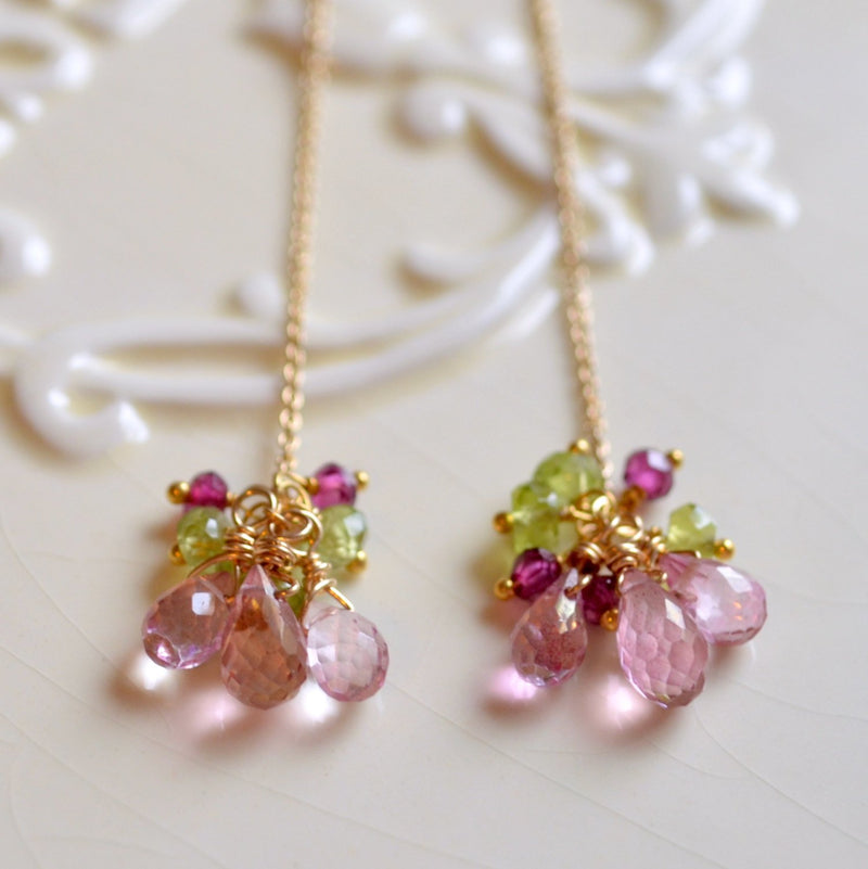 Gemstone Threader Earrings with Pink Topaz and Peridot Rhodolite